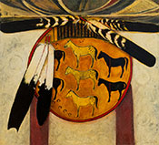 Artwork by Kevin Red Star, Three Horse Shield available from Old Main Gallery and Framing in Bozeman, MT, 122921