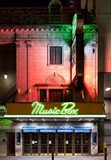 Night photograph of Music Box theater by Mark Kornbluth on exhibition at Cavalier Galleries in New York, NY, March 2 - April 15, 2023, 031023