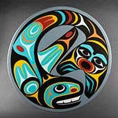 Painting on Drum by Maynard Johnny Jr. available from Stonington Gallery in Seattle, WA, July 2023, 053123