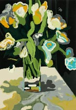Flower print by Clare Woods on exhibition at Leslie Sacks Gallery in Santa Monica, CA, May 2023, 050423