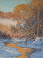 Winter landscape painting by Joshua Cunningham on exhibition at Groveland Gallery, Minneapolis, Minnesota, through January 13, 2024, 010524