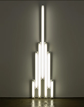 Neon tube artwork by Dan Flavin in The Ray Gun Store on exhibition at Marc Straus gallery in Tribeca district of New York, May 9 - July 12, 2025, 080325
