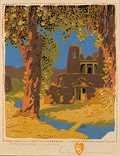 Gustave Baumann color woodblock print Sanctuario Chimayo available from Zaplin Lampert Gallery Santa Fe November 2025 112525
