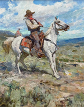 Grant Redden painting of a cowboy on horse in exhibition Living the West Through Paint at The Legacy Gallery in Scottsdale Arizona March 12 to 22 2026, 030626